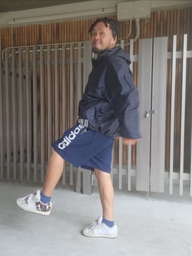 「POLO JEANS COMPANY（ポロジーンズカンパニー）のアイテム（ナイロンジャケット、ブルー系）」を使った、名不synchroniz(P.M.R)さん（メンズ・174cm）の夏コーディネート