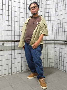「NIKE（ナイキ）のNIKE(ナイキ)×Carhartt WIP(カーハートダブリューアイピー)コラボ:AIR FORCE 1 '07 PREMIUM WIP (Air Force 1 Low Ale Brown) 品番:AV4113-200（スニーカー、ブラウン系）」を使った、名不synchroniz(P.M.R)さん（メンズ・174cm）の春コーディネート