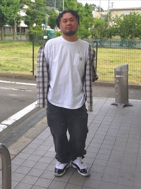 「Carhartt（カーハート）のCarhartt/B136 BLK 32×30 made in USA(カーハート/ダブルニーペインターパンツ B136 ブラック USA製)（カーゴパンツ、ブラック系）」を使った、名不synchroniz(P.M.R)さん（メンズ・174cm）の夏コーディネート