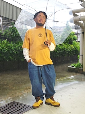 「Timberland（ティンバーランド）の【限定カラー】Timberland GTX FIELD BOOT A2NRW A1T10 FIELD BOOT MID GTX GOLD NUBUCK （ブーツ、ゴールド系）」を使った、名不synchroniz(P.M.R)さん（メンズ・174cm）の夏コーディネート