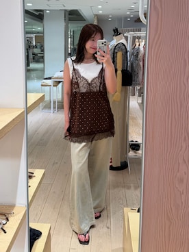 「mystic（ミスティック）のスリットサテンレースキャミ（キャミソール、ブラウン系）」を使った、sayaさん（レディース・162cm）の夏コーディネート