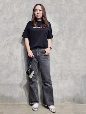 「THE SHOP TK （ザ ショップ ティーケー ）のCOOLロゴ半袖Tシャツ 接触冷感／洗濯機OK（Tシャツ/カットソー、ブラック系）」を使った、ひさえさん（レディース・169cm）の夏コーディネート