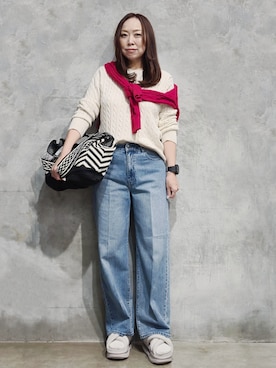 「THE SHOP TK （ザ ショップ ティーケー ）のPOLO BCS/ケーブルニット（ニット/セーター、レッド系）」を使った、ひさえさん（レディース・169cm）の秋コーディネート