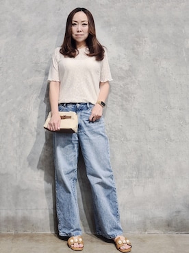 「THE SHOP TK （ザ ショップ ティーケー ）の繊細で上品な レース5分袖トップス（Tシャツ/カットソー、ホワイト系）」を使った、ひさえさん（レディース・169cm）の夏コーディネート