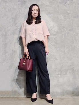 「THE SHOP TK （ザ ショップ ティーケー ）の【M-XL/さりげなく二の腕カバー】5分袖Wポケットシャツ（シャツ/ブラウス、ピンク系）」を使った、ひさえさん（レディース・169cm）の夏コーディネート