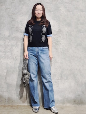 「POLO BCS（ポロ ビーシーエス）のPOLO BCS/アーガイル5分袖ニット（ニット/セーター、ブラック系）」を使った、ひさえさん（レディース・169cm）の秋コーディネート