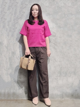 「THE SHOP TK （ザ ショップ ティーケー ）の【M-XL/二の腕カバー】さらり麻調メッシュ5分袖ブラウス（シャツ/ブラウス、ピンク系）」を使った、ひさえさん（レディース・169cm）の夏コーディネート
