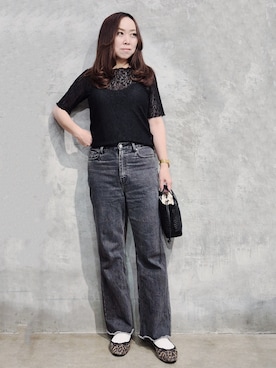「THE SHOP TK （ザ ショップ ティーケー ）のレース5分袖メロープルオーバー（Tシャツ/カットソー、ブラック系）」を使った、ひさえさん（レディース・169cm）の夏コーディネート