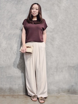 「THE SHOP TK （ザ ショップ ティーケー ）の【S-XL/ひんやりタッチ】多機能フレンチスリーブニット 洗濯機OK/UVケア/毛玉になりにくい（ニット/セーター、ブラウン系）」を使った、ひさえさん（レディース・169cm）の夏コーディネート