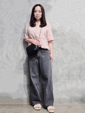 「THE SHOP TK （ザ ショップ ティーケー ）の【M-XL/さりげなく二の腕カバー】5分袖Wポケットシャツ（シャツ/ブラウス、ピンク系）」を使った、ひさえさん（レディース・169cm）の夏コーディネート