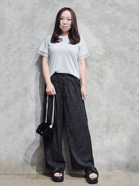 「THE SHOP TK （ザ ショップ ティーケー ）の【M-XL/ひんやり／吸水速乾／UV】上品な透け感 袖口シアーTシャツ（Tシャツ/カットソー、ブルー系）」を使った、ひさえさん（レディース・169cm）の夏コーディネート