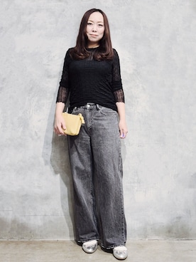 「THE SHOP TK （ザ ショップ ティーケー ）のクリンクルシアークルーネックカットソー（Tシャツ/カットソー、ブラック系）」を使った、ひさえさん（レディース・169cm）の秋コーディネート