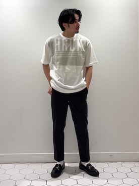 「Dessin（デッサン）の【洗える】オーガニックコットングラフィックTシャツ（Tシャツ/カットソー、ベージュ系）」を使った、takeruさん（メンズ・175cm）の夏コーディネート