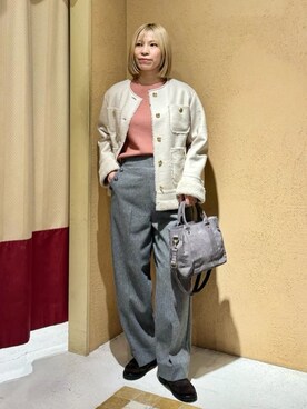 「grove（グローブ）のフェイクムートンボアジャケット（ノーカラーコート、ホワイト系）」を使った、さち。さん（レディース・166cm）の冬コーディネート