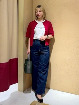 「grove（グローブ）の【美シルエット/選べる着丈】大人のためのバギーデニム（デニムパンツ、ブルー系）」を使った、さち。さん（レディース・166cm）の秋コーディネート
