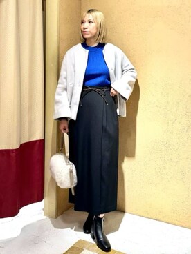「grove（グローブ）の【ウール混】軽やかに羽織れるショートコート（ノーカラーコート、グレー系）」を使った、さち。さん（レディース・166cm）の冬コーディネート