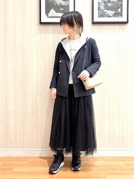 「SHOO・LA・RUE（シューラルー）の【セットアップ可/S-LL/洗濯機可】マニッシュに決まる ダブルブレストジャケット（テーラードジャケット、ブルー系）」を使った、ユ（yu）さん（レディース・161cm）の冬コーディネート