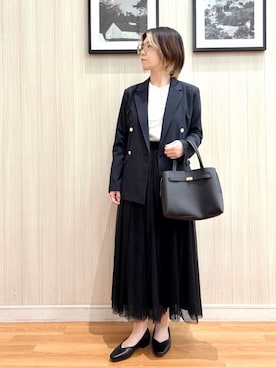 「SHOO・LA・RUE（シューラルー）の【セットアップ可/S-LL/洗濯機可】マニッシュに決まる ダブルブレストジャケット（テーラードジャケット、ブルー系）」を使った、ユ（yu）さん（レディース・161cm）の冬コーディネート