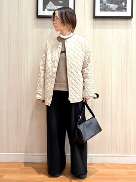 「SHOO・LA・RUE（シューラルー）の【洗濯機可/S-LL/撥水】ゴールドパーツで上品に 大人が着たい ノーカラーキルトジャケット（ノーカラージャケット、ベージュ系）」を使った、ユ（yu）さん（レディース・161cm）の冬コーディネート