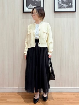 「SHOO・LA・RUE（シューラルー）の【洗濯機可/S-LL】1枚でも羽織りでも 華やか上品カーデ（カーディガン/ボレロ、ホワイト系）」を使った、ユ（yu）さん（レディース・161cm）の冬コーディネート
