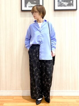 「DRESKIP（ドレスキップ）の【S-LL】後ろ姿も抜かりなく バックレースアップシャツ（シャツ/ブラウス、ブルー系）」を使った、ユ（yu）さん（レディース・161cm）の春コーディネート