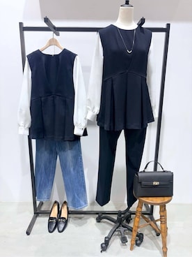 「grove（グローブ）の【マシンウォッシュ/防シワ】袖ドッキングペプラムブラウス【着回しカセット】（シャツ/ブラウス、ブルー系）」を使った、ＷＡさん（レディース・152cm）の冬コーディネート
