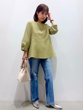 「grove（グローブ）の【体型カバーも叶う】麻調メッシュランタンスリーブブラウス（シャツ/ブラウス、グリーン系）」を使った、ＷＡさん（レディース・152cm）の春コーディネート