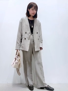 「grove（グローブ）の【貴島明日香さん着用】リネンライクカラーレスジャケット（ノーカラージャケット、グレー系）」を使った、ＷＡさん（レディース・152cm）の春コーディネート