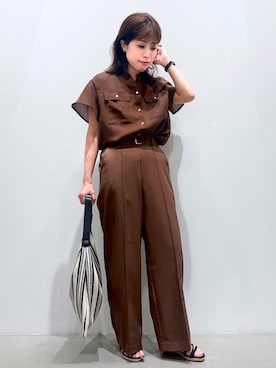 「grove（グローブ）の【洗濯機OK・ひんやり/SETUP可】シワになりにくい、フレアスリーブブラウス（シャツ/ブラウス、ブラウン系）」を使った、ＷＡさん（レディース・152cm）の夏コーディネート
