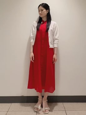 「UNTITLED（アンタイトル）の【短丈/シアー/洗える】ドルマンスリーブカーディガン（カーディガン/ボレロ、ホワイト系）」を使った、まこさん（レディース・158cm）の夏コーディネート