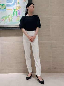 「UNTITLED（アンタイトル）の【日本製・本革】Comfit Dresser Pumps（コンフィットドレッサーパンプス）（パンプス、ブラック系）」を使った、まこさん（レディース・158cm）の夏コーディネート