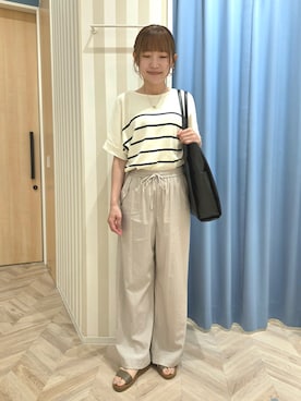 「SHOO・LA・RUE（シューラルー）の【毎日洗える/ひんやり/UV/S-LL】二の腕隠れる さらっとドルマン半袖ニット（ニット/セーター、ベージュ系）」を使った、Ikumiさん（レディース・155cm）の夏コーディネート