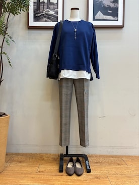 「SHOO・LA・RUE（シューラルー）の【S-LL/洗える】一枚で簡単こなれ見え スポンディッシュ 裾レイヤード風ニット【CIRCRIC】（ニット/セーター、ブルー系）」を使った、maiさん（レディース・158cm）の秋コーディネート