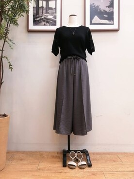「DRESKIP（ドレスキップ）の【S-LL】大人上品な お袖シアー切り替えニット（ニット/セーター、ブラック系）」を使った、maiさん（レディース・158cm）の夏コーディネート