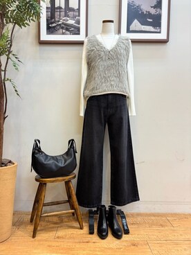 「DRESKIP（ドレスキップ）の【高レビュー/2点セット】着るだけでコーデが決まる フェザーニットベスト×リブニット（その他トップス、ベージュ系）」を使った、maiさん（レディース・158cm）の秋コーディネート