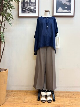 「SHOO・LA・RUE（シューラルー）の【ひんやり/着丈選べる/洗濯後しわになりにくい/S-LL】大人の上品シルエット センタープレスタックワイドパンツ（その他パンツ、ブラウン系）」を使った、maiさん（レディース・158cm）の夏コーディネート