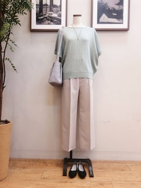 「DRESKIP（ドレスキップ）の【二の腕カバー】さりげないラメが上品見え リブドルマンニット（ニット/セーター、グリーン系）」を使った、maiさん（レディース・158cm）の春コーディネート