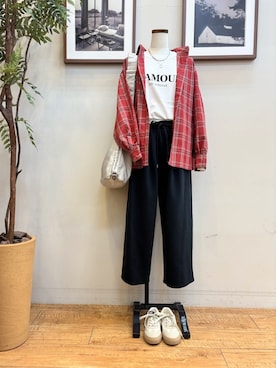 「Cutie Blonde（キューティーブロンド）の【着丈選べる】オーバーサイズのチェックシャツ（シャツ/ブラウス、レッド系）」を使った、maiさん（レディース・158cm）の秋コーディネート