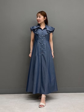 「NATURAL BEAUTY BASIC（ナチュラルビューティーベーシック）の【山本里菜さんコラボ】リボンラッフルシャツワンピース（ワンピース、ブルー系）」を使った、naho0202さん（レディース・154cm）の夏コーディネート