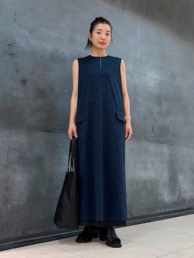 「ZUCCa（ズッカ）のJACQUARD JERSEY（ワンピース、ブルー系）」を使った、ZUCCa OFFICIALさん（レディース・154cm）の春コーディネート