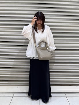 「russet（ラシット）の【Souffle TOTE】レザー2WAYトートバッグ（Tote、ベージュ系）」を使った、Nozomiさん（レディース・161cm）の夏コーディネート