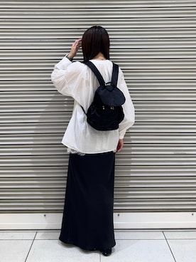 「russet（ラシット）の【撥水】ナイロンボックスリュックサック（Backpack、ブラック系）」を使った、Nozomiさん（レディース・161cm）の秋コーディネート