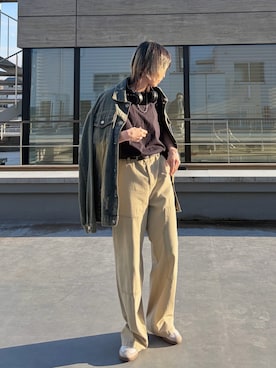 「KUME（クメ）のKUME/クメ Semi Wide Cargo Work Denim Pants デニム（デニムパンツ、グリーン系）」を使った、tani《骨格ナチュラル》さん（レディース・162cm）の夏コーディネート