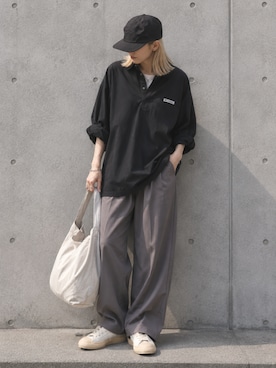 「GILDAN（ギルダン）の【ROOPTOKYO】GILDAN ６oz クルーネック 袖リブ ロングスリーブTee /ロンT 無地カットソー オーバーサイズ 2026年春夏（Tシャツ/カットソー、ホワイト系）」を使った、tani《骨格ナチュラル》さん（レディース・162cm）の夏コーディネート