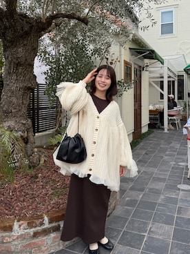 「しまむら（シマムラ）のアイテム（ワンピース、ブラウン系）」を使った、asuさん（レディース・147cm）の春コーディネート