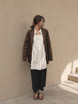 「MAISON DE THERESE（メゾン ド テレーズ）のバブルスリーブショート丈ワンピース（ワンピース、ベージュ系）」を使った、asuさん（レディース・147cm）の春コーディネート