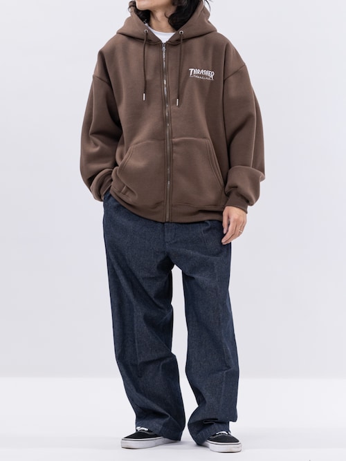 セール】【at】〔THRASHER/スラッシャー〕裏起毛 ロゴ刺繍 フルジップ