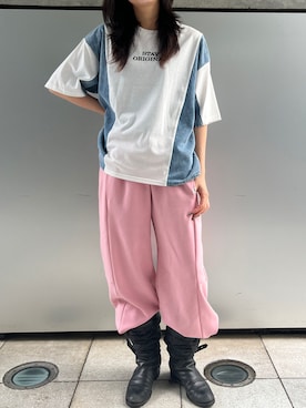 「A.D.C.L.（エーディーシーエル）のデニム切替 ロゴ刺繍 半袖Tシャツ（Tシャツ/カットソー、ホワイト系）」を使った、A.D.C.L.さん（レディース・162cm）の夏コーディネート