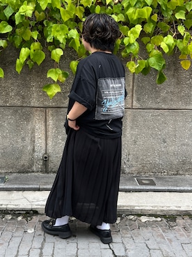 「A.D.C.L.（エーディーシーエル）の後デニムパッチプリント オーバーサイズTシャツ（Tシャツ/カットソー、ブラック系）」を使った、A.D.C.L.さん（レディース・157cm）の夏コーディネート