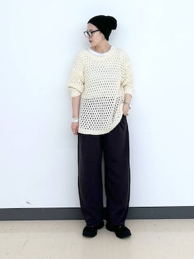 「GLOBAL WORK（グローバルワーク）のシルクブレンドクループルオーバー長袖/1051637（Tシャツ/カットソー、ホワイト系）」を使った、アミさん（レディース）の秋コーディネート